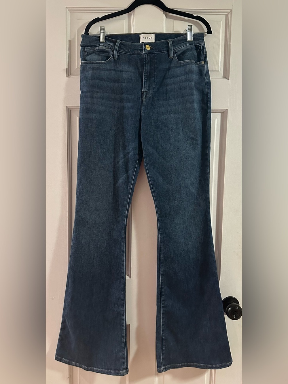 Frame Le High Flare Denim Jeans Medium Wash Bestia Size 33 - Picture 2 of 9